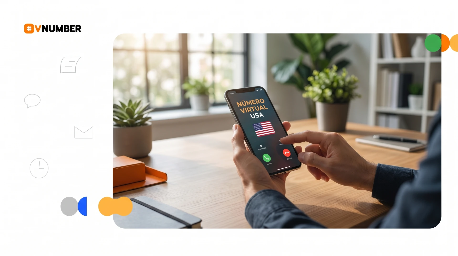 Número virtual de Estados Unidos 2024, con ilustraciones de smartphones y opciones de comunicación digital.