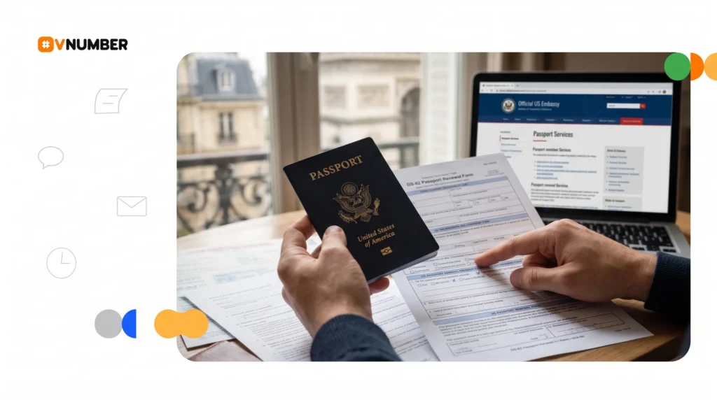Cubierta de artículo sobre cómo renovar el pasaporte americano desde el extranjero con instrucciones paso a paso.